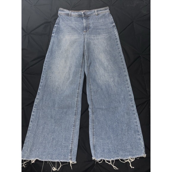Oat NY Denim - Oat NY Jean Powder Light 10/30 Distressed Hem Bell Bottom Wide Leg High Rise
